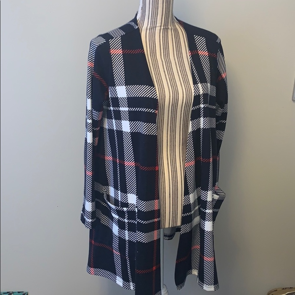 LuLaRoe Black White and Red Plaid Open Cardigan